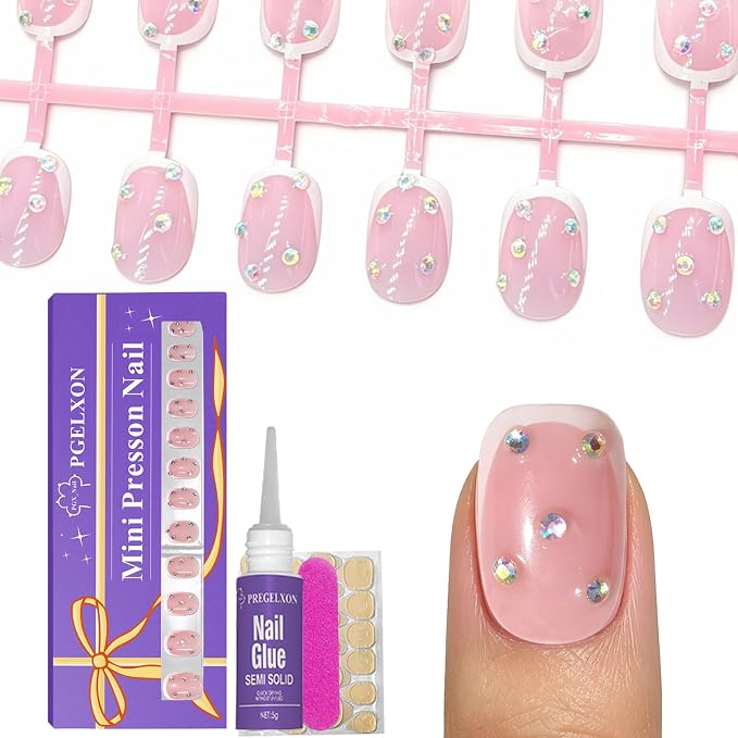 24pcs Kids Press on Nails, French Tips 3D Nail Rhinestones for 6-12 Years | Square Press on Nails for Kids, 12 Size, Non-Toxic, Fashion Nail Kit with Adhesive Tabs, Nail File, for Christmas, Birthday