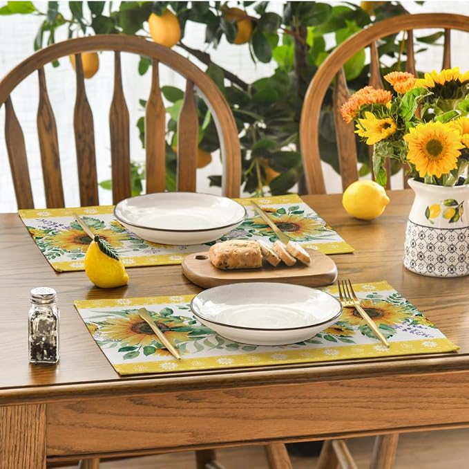 Artoid Mode Sunflowers Leaves Flower Summer Placemats Set of 4, 12x18 Inch Seasonal Holiday Table Mats for Party Kitchen Dining Decoration