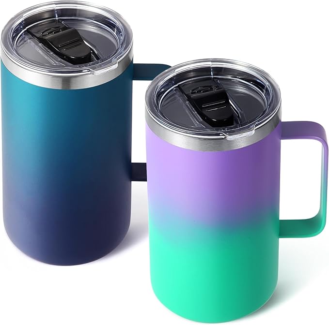 Volhoply 22oz Insulated Stainless Steel Coffee Mugs with Leakproof Lid Bulk 2 Pack,Double Wall Vacuum Travel Coffee Cup with Handle,Reusable Metal Tumbler,Camping Mug Keep Hot&Cold(Mixed,2)