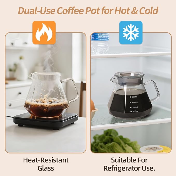 Pour Over Coffee Maker 20 OZ, 6 Cup Borosilicate Glass Drip Coffee Maker with 40 pcs V60 Paper Filter and Walnut Grip for Home Café 600 ML