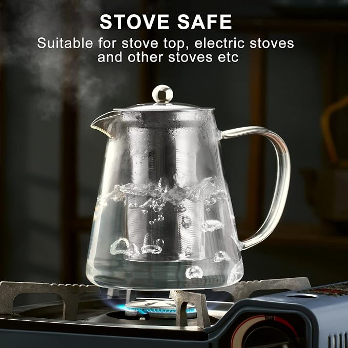 PARACITY Glass Teapot Stovetop 18.6 OZ, Borosilicate Clear Tea Kettle with Removable 18/8 Stainless Steel Infuser, Teapot Blooming and Loose Leaf Tea Maker Tea Brewer for Camping, Travel (550ML) | Tea infuser & tea strainer. Blooming tea; clear teapot,...