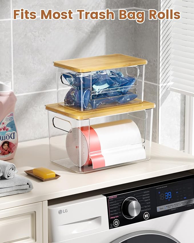 Trash Bag Dispenser 2 Pack (XL+S) - Trash Bag Holder with Bamboo Top | Acrylic Garbage Bags Dispenser Under Sink Organizer for Pantry, Kitchen, Laundry Room, Cabinet 2 Pack (XL+S)