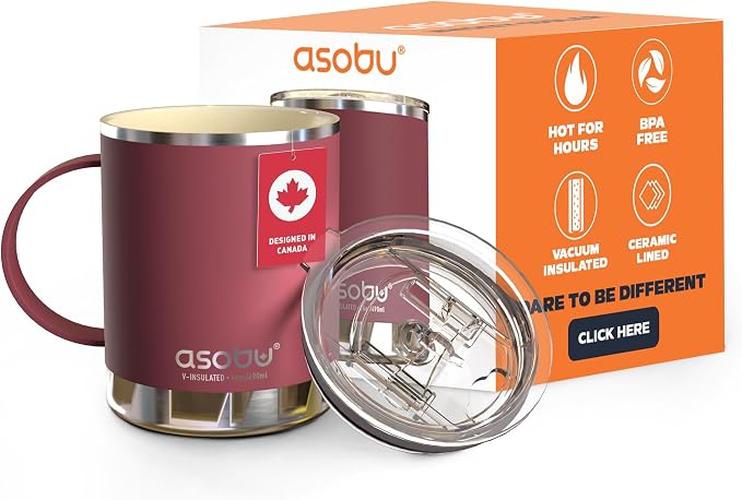 asobu Ultimate Ceramic Travel Mug, 12oz Insulated Stainless Steel Coffee Cup with Handle & Splash-Resistant Lid, Ceramic Lined for Pure Taste, BPA-Free, Double-Wall Vacuum for Hot Drinks
