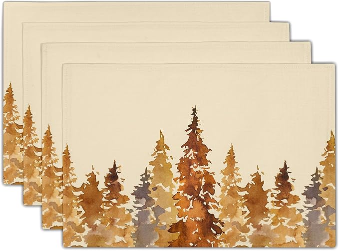 Fall Forest Placemats Set of 4 18x12 Inch Autumn Tree Linen Place Mats Heat-Resistant Washable Wipeable Orange Pine Tree Table Mat for Party Kitchen Dining Room Dinner Table Decor