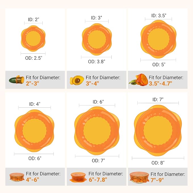 Silicone Stretch Lids for Food Storage in Fridge, Reusable Elastic Bowl Covers for Cup, Cans, Jars, Round & Rectangle Container, Food Grade Silicone Microwave Food Cover, Orange, 6PCS