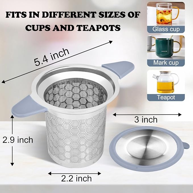 Tea Infuser for Loose Leaf Tea, 304 Stainless Steel Strainer Basket Silver | Fine Mesh Steeper, Heat Resistant, Silicone Handle, Lid Included, Large Capacity, Mug Filter, Fits Standard Cups