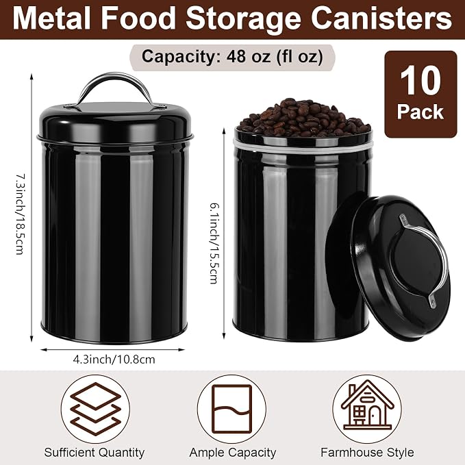LemonRoad 10 Pack Metal Food Canisters 48 oz Airtight Handle Lid Black | Farmhouse Kitchen Jars for Coffee Tea Sugar Flour Cookies, Pantry Countertop Storage Containers, Airtight Seal