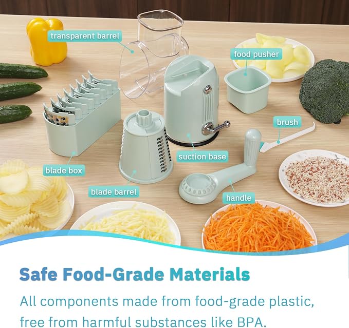 ENERGEVITY Hand Crank Rotary Cheese Grater, 5-in-1 Vegetable Slicer (Green) | Easy to clean.Strong suction base.Internal barrel keeps hands away from blades.BPA-free food-grade ABS plastic.