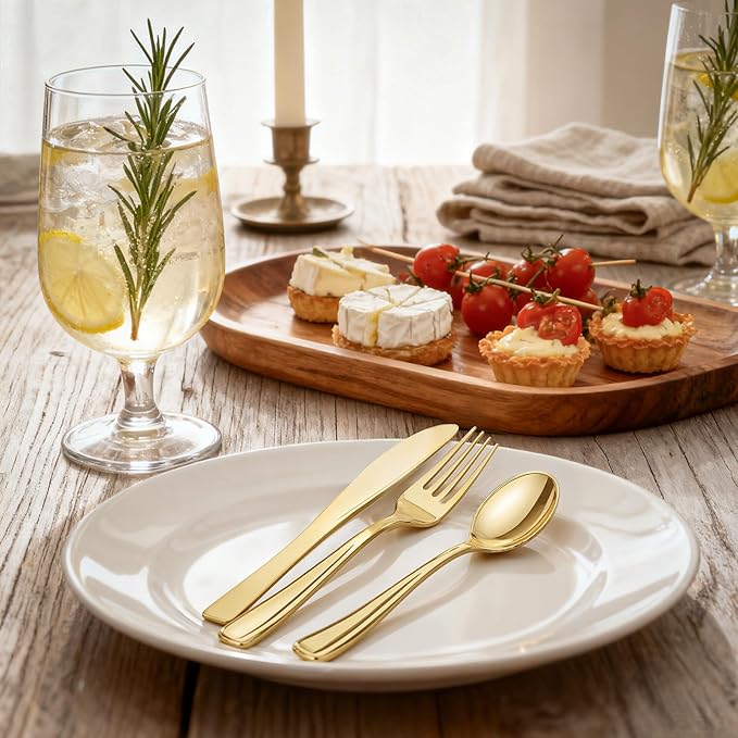 WDF300 Pieces Gold Plastic Silverware - Heavy Duty Disposable Cutlery Set Plastic Gold Silverware Set Includes 100 Forks, 100 Spoons, 100 Knives for Party/Baby Shower/Wedding/Birthday