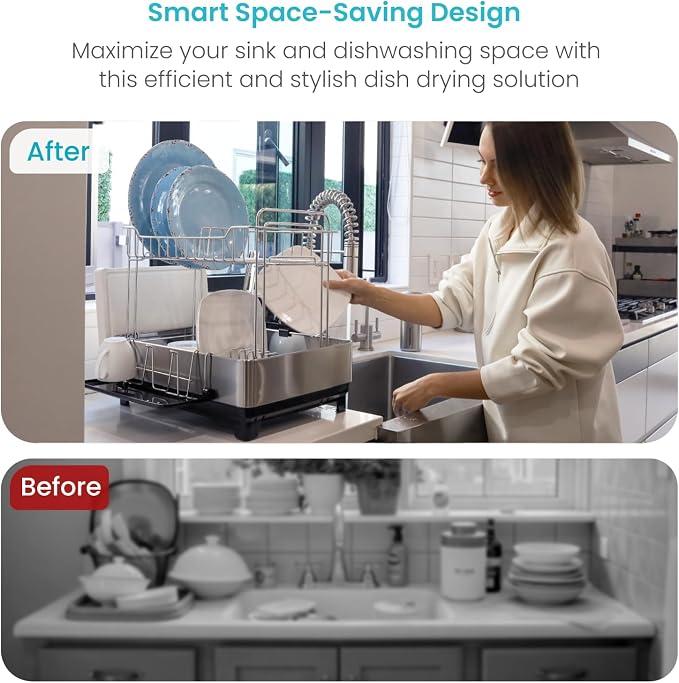 Home Zone Living Dish Drying Rack for Kitchen Counter with 2-Tiers | Stainless Steel with Drip Tray, Extendable Water Drainage Pipe, and Holders for Utensils, Wine Glasses and Cutting Board