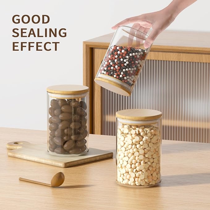 6Pcs 37oz Glass Storage Jars, Airtight Bamboo Lid Containers With Labels | Moisture Barrier Seal, Transparent Visible Tank, Ample Capacity, Cabinet Space Saving, Simple Sort Marking