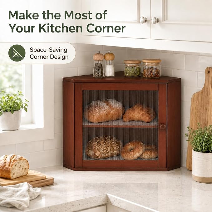 BAMBANG Corner Bread Box for Kitchen Countertop, Large Capacity Bamboo Wood Bread Storage Container, 2 Tier Farmhouse Breadbox with Fluted Acrylic Door for Bread, Homemade Bread and Snacks, Brown