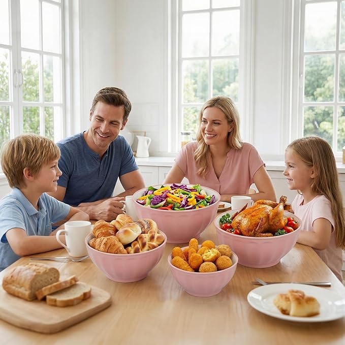 BoxedHome Mixing Bowls with Lids Set, 8 pieces Large 0.2” Thick Plastic Nesting Mixing Bowl, Microwave Safe,Size 5.92, 4.12,3.06,1.80 Quart, Pink