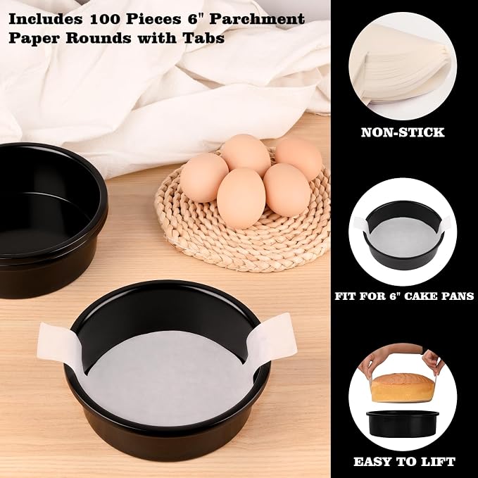 HUAKENER 6 Inch Cake Pan, 6" Round Cake Pan with Parchment Paper | Set of 3 Round Cake Pans with 100 Pieces Parchment Paper, Non-stick Cake Baking Pans, Dishwasher Safe