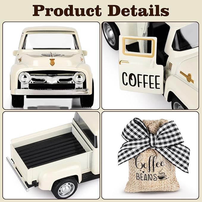 Hooqict Coffee Bar Decor Mini Metal White Truck with Beans Burlap Sack for Home Farmhouse Kitchen Tiered Tray Decor Coffee Bar Accessories Coffee Station Decorations
