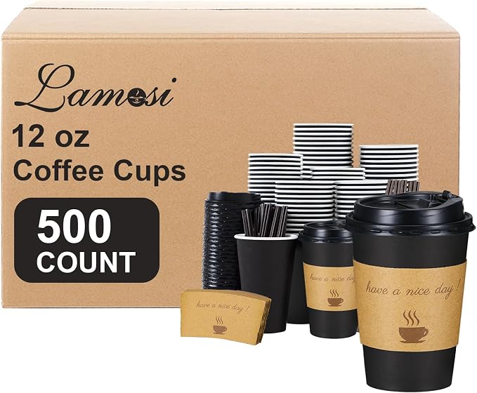 Lamosi 500 Pack 12 oz Coffee Cups, Disposable To Go Paper Cups with Lid | Hot Insulated Cups with Lids, Stir Sticks and Sleeves for Cold Drinks, Tea and Latte, Cafe, Travel and Home Use