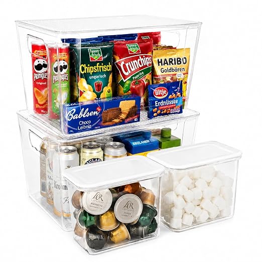4PCS Home Organization Storage Set, 2 Front Access Clear Storage Bins & 2 Airtight Containers, Stackable for Snacks, Trash Bags, Coffee Pods, Seasonings, Cleaning Supplies, Pantry Under Sink