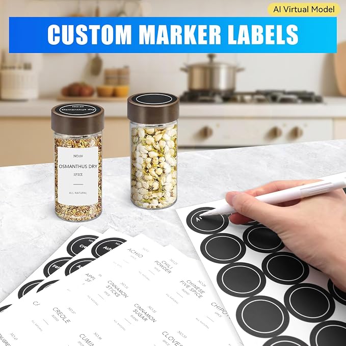VIBRATITE 12 Pack 4 oz Round Glass Spice Jars with Acacia Lids and Labels | Shaker Lids, Pen, Funnel, Brush Included, Airtight Storage, Quick Identification, Seasoning Prep, Kitchen Pantry Organization