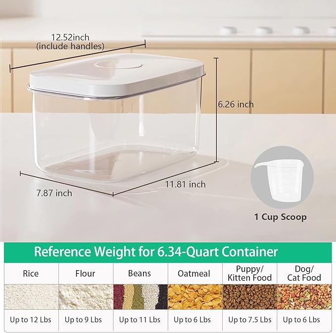 Airtight 12 Lbs Flour Sugar Storage Containers 6.34 Qt Rice Holder BPA Free | Clear PET Plastic Pet Dog Cat Food Storage Container with Pop Up Lid Dry Food Bin for Kitchen Pantry Organization