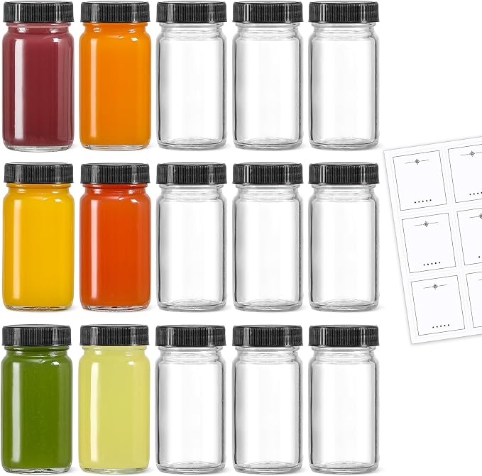 LANDNEOO 15 Pack 2 oz Glass Shot Mini Bottles w/Black Lids & 15 Labels - Small Clear Jar for Ginger, Wellness Shot, Juice, Sample, Whiskey - Travel Essentials - Wide Mouth, Leakproof, Dishwasher Safe