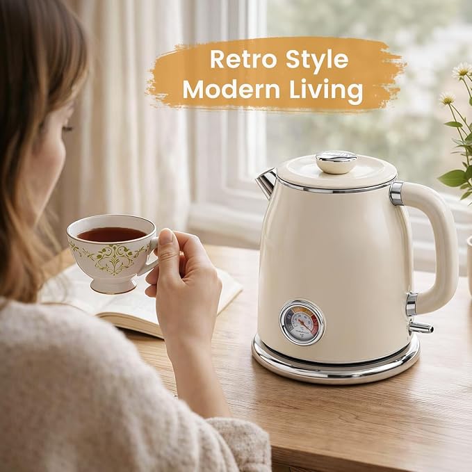 Mecity Retro Electric Kettle 1.7L, Stainless Steel Interior, Food-Grade Silicone Water Contact, Double Wall Cool Touch, 1500W Fast Boil, Thermometer (°F/°C), Wide Opening, Cream