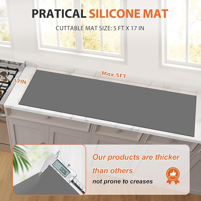Silicone Mat Roll, Heat Resistant Kitchen Countertop Protector | 17IN X 5FT, Grey | Non-Slip Table Mat Desk Saver Pad, Multi-functional Cuttable Silicone Mats, Craft Mat