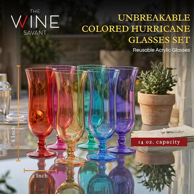 Unbreakable Pina Colada, Daiquiri, Frozen Cocktails & Juice Glasses, Hurricane Glassware, 14oz - 6 Set - Reusable Acrylic Dishwasher Safe Shatterproof BPA-free Plastic Cup, Tropical Cocktail Tall Cups