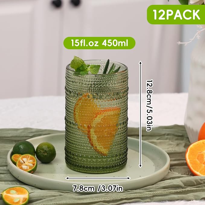 Moretoes 12 Pack 15 Oz Green Large Hobnail Drinking Glasses Set | Vintage Glassware,Embossed Glass Cups,Water Tumbler,Highball Glasses For Beer, Juice And Various Mixed Drinks