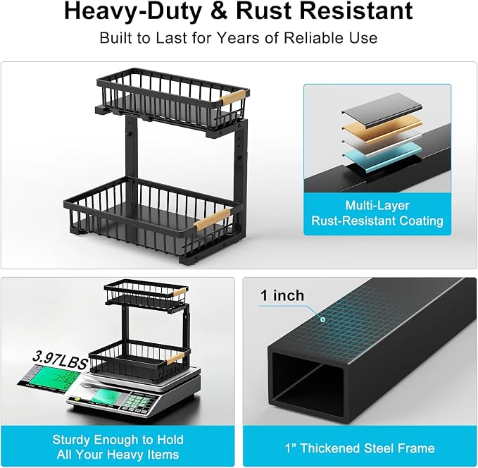 Under Sink Organizer 2 Pack, Adjustable Height 2-Tier Pull Out Cabinet Organizers, Heavy Duty Metal Slide Out Drawers, Under the Sink Organization and Storage Shelf for Kitchen Bathroom Pantry, Black