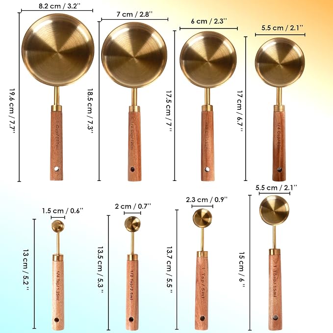 Collection 8 Piece Gold Measuring Cups Set and Measuring Spoons, Golden With fragrant wood Handles-Complete Set of Measure Cups and Spoons For Cooking and Baking.…
