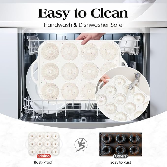 Vinino 3 Inch Mini Fluted Cake Pan, 2 Pack with Metal Frame | 4 Shapes 12 Cavity Mini Cake Mold Set for Batch Baking, Flan, Jello, Pudding, Brownies & Desserts
