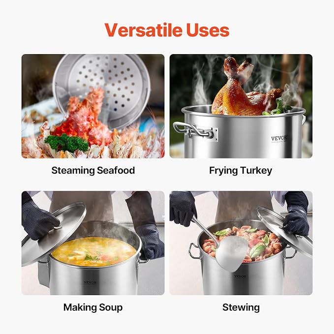 VEVOR Stainless Steel Stockpot, 64 Quart Large Cooking Pots, Cookware Sauce Pot with Basket, Lid, and Handle, Heavy Duty Commercial Grade Stock Pot, Sanding Treatment, for Large Groups Events Silver