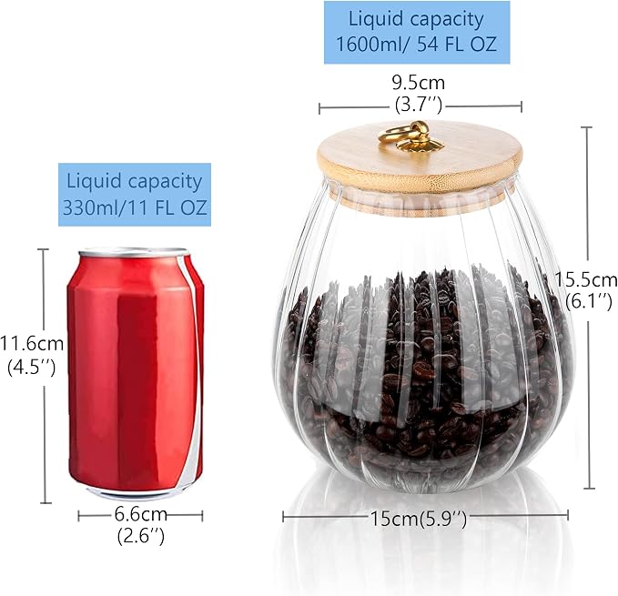Glass Coffee Nuts Canister Airtight Jar with Bamboo Lid 54 FL OZ Large Oval | Sealed Kitchen Storage Jar, 700ml Petal Ribs Design Decorative Candy Coffee Container, Gold Metal Handle, Easy to Grasp