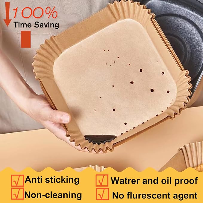 Air Fryer Disposable Paper Liner Square 10 Inch, 125Pcs Largest Square Air Fryer Paper Liners for 8-12QT Air fryer, Non-stick Food Grade Parchment Paper for Frying, Cooking, Roasting and Microwave