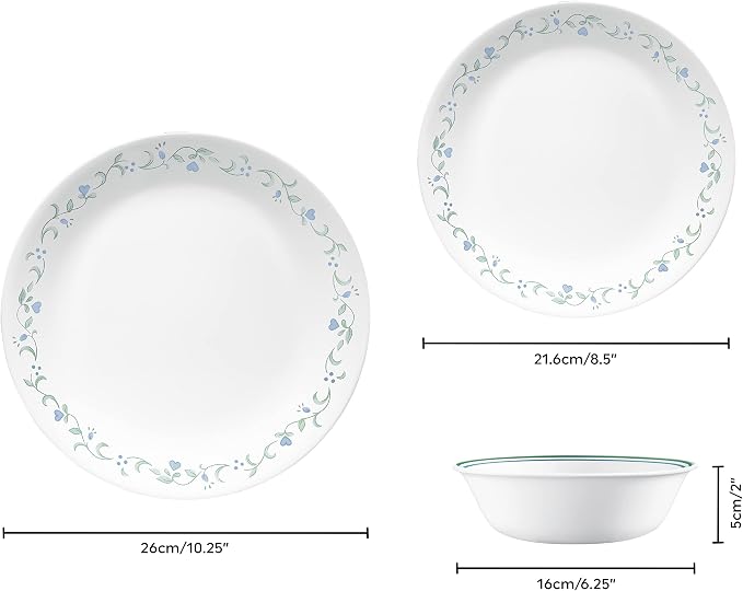 Corelle Dinnerware Set (12pc Set, Country Cottage)-Dinner Set for 4 4 x: Dinner Plates, Side Plates & Bowls 3 X More Durable, Half The Space & Weight of Ceramic up to 80% Recycled Glass, 1146844