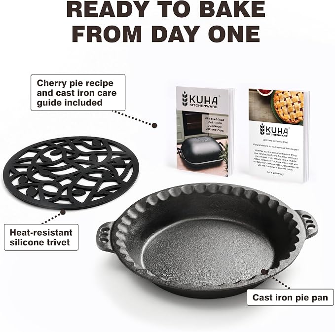 Cast Iron Pie Pan | Pre-Seasoned Round Baking & Serving Dish | 9" | Pan for Apple, Pumpkin & Cherry Pies, Quiche & Tarts | For Baking & Serving | Silicone Trivet Included | 9", 2" Deep