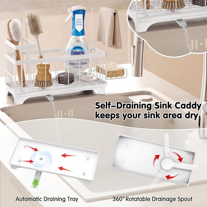 VOOWO Sponge Holder for Kitchen Sink, Compact Sink Caddy with Brush Holder | 304 Rustproof Stainless Steel Dish Soap Holder, Small Kitchen Sink Organizer, Self-Draining Dish Wand Holder with Towel Rack