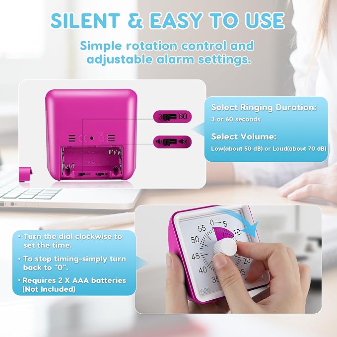 Secura Visual Timer for Kids, 60 Minute Classroom Countdown Timer for Study | Non-Ticking, Adjustable Alarm Volume/Duration, Low Power Reminder, Time Management Tool for ADHD (Violet & Violet)