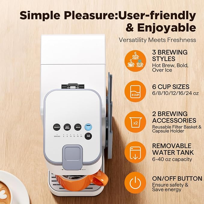 Tastyle Hot & Iced Coffee Maker with Magnetic K-Pod Holder, Fits 7.3'' Mug | Stores 10 Pods, for K Cup & Grounds, Compact for Home, Office & RV, Brew 6-24oz Coffee, 40 oz Removable Tank, K330CH, White
