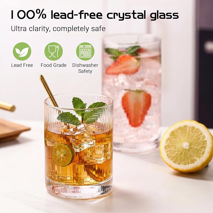 JOVGANK Drinking Glasses Set of 8 – Lead-Free Crystal Glassware, 4 Tall 15oz & 4 Short 10oz Vintage Ribbed Tumbler Glasses, Dishwasher Safe, for Juice Beer Cocktails, Great Housewarming Gift, Set A
