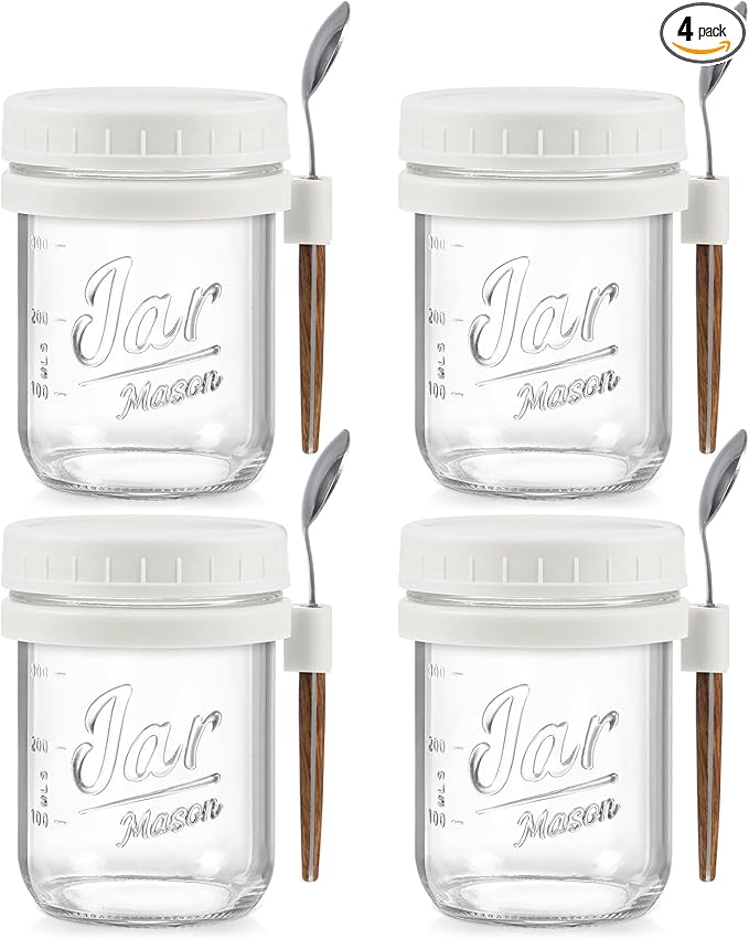 LANDNEOO 4 Pack Overnight Oats Containers with Lids and Spoons, 16 oz Glass Mason Jars with Airtight Lids, Overnight Oats Jars for Milk, Cereal, Fruit-White