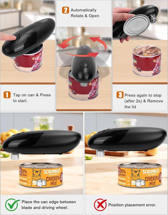 YUET Electric Can Opener, Battery Powered Automatic One-Touch Can Opener with Magnetic Lid Lifter, Universal Electric Tin Opener for Round Oval Square Cans, 4 AA Batteries Required (Not Included)