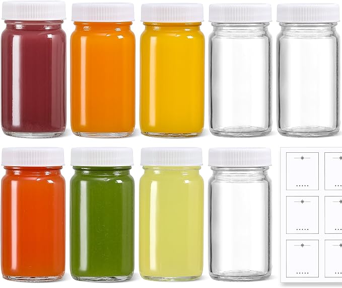 9 Pack 2 oz Glass Shot Bottles w/ White Lids & 9 Labels - Small Clear Jar for Ginger, Wellness Shot, Juice, Sample, Whiskey - Travel Essentials Mini Bottles - Wide Mouth, Leakproof, Dishwasher Safe