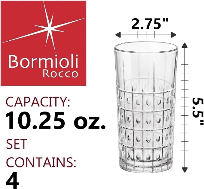 Bormioli Rocco Bartender Este 10.25 oz. Long Drink Drinking Glasses for Cold Drinks, Juices, and Cocktails, Clear, Set of 4