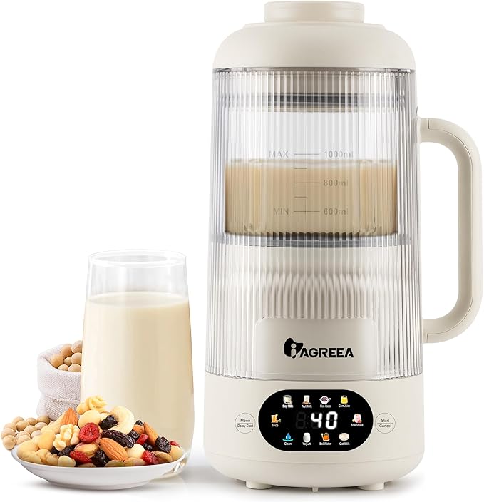 IAGREEA 35oz Glass Nut Milk Maker Machine, 10 in 1 Noise Reducing Soy Maker | 12H Delay, 6H Keep Warm, BPA-Free, Self-Cleaning, Soundproof Cover, 8 Blades, Almond/Oat Milk/Juice, Suitable For 4-5 People