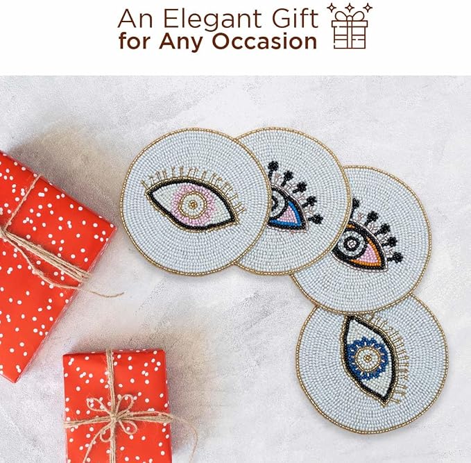 Folkulture Coasters Set of 4 | Beaded Hand-Crafted Evil Eye 2.0 Handmade Boho Drink Coasters for Coffee Table & Bar | Decorative Round Coasters for Cocktails & Wine | House Warming Gift Set
