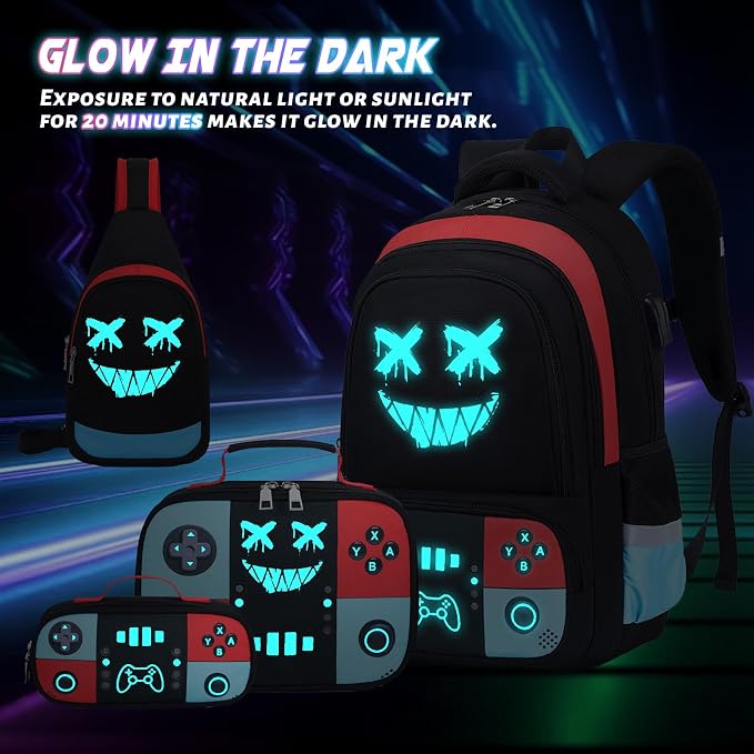 Backpack for School Boys, Cool Luminous Gamer Boys Schoolbag | with Lunch Box & Pencil Case Set for Kids Teens Elementary Middle School, Bookbag Glow In The Dark