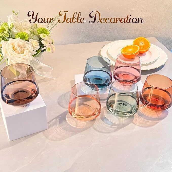 Stemless Wine Glasses Set 6【Colored Wine Glasses Stemless】 Multi Color Short Tumbler【14oz】 Colored Glassware for Wine or Soft Drinks,Unique Wine Gifts for Women Birthday Wedding
