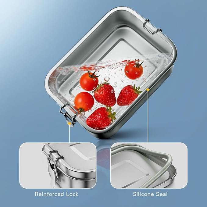 G.a HOMEFAVOR Stainless Steel Bento Lunch Box, 800 ml/27 oz | Leak-Proof, Dishwasher Safe, BPA-Free, with Lock Clips, Meal Prep, for Adults