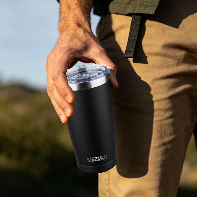 MEZMUT 20oz Insulated Tumbler Cup Travel Coffee Mug with Lid(Black,4 Pack) | Stainless Steel Double Wall Vacuum Spill Proof Metal Tumbler Bulk with Lid and Straw, Hot or Iced Coffee Cup for Man Women